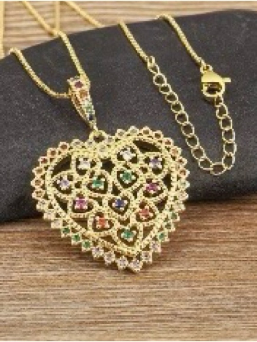 Gold Heart Pendant Necklace with Multicolor Stones - Women Jewelry